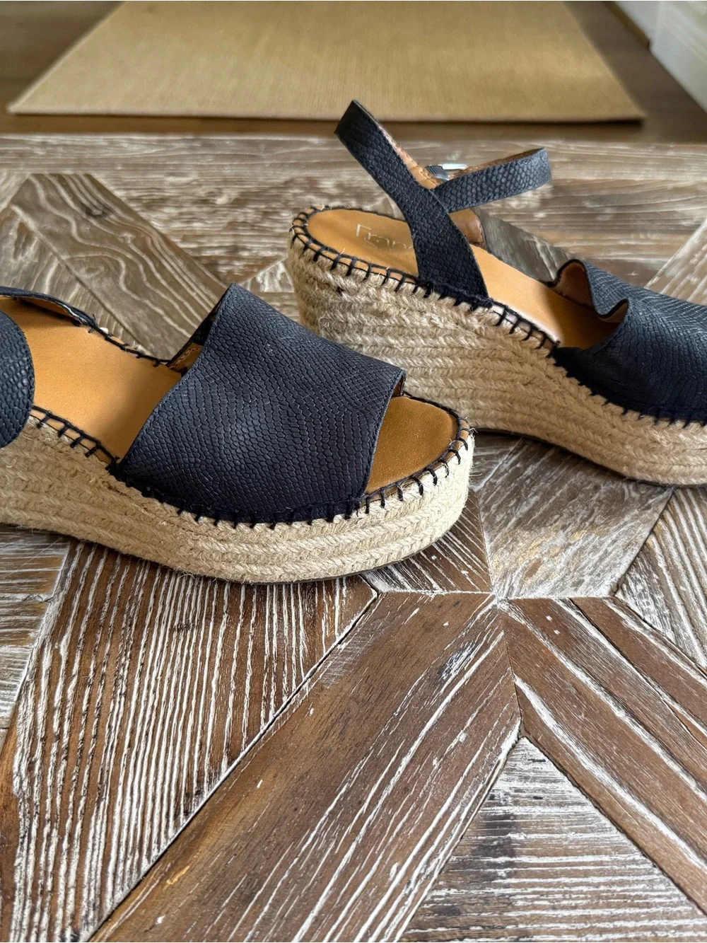 Franco Sarto Black Textured 3” Espadrille Sandals with Ankle Strap